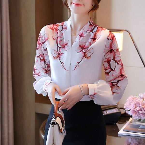 Blouses Femme White Blouse Long Sleeve Blouse Women V-Neck Print Chiffon Shirt Women Tops - Image 2