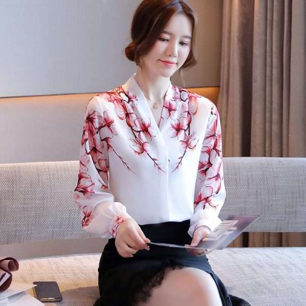 Blouses Femme White Blouse Long Sleeve Blouse Women V-Neck Print Chiffon Shirt Women Tops - Image 3