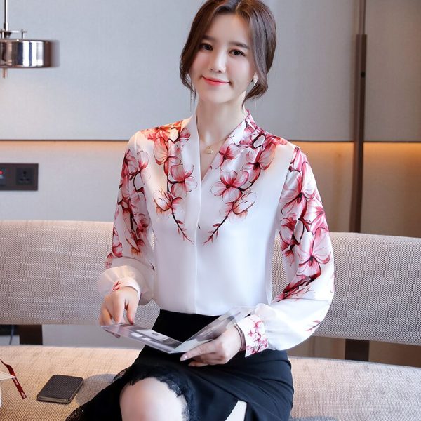 Blouses Femme White Blouse Long Sleeve Blouse Women V-Neck Print Chiffon Shirt Women Tops - Image 4