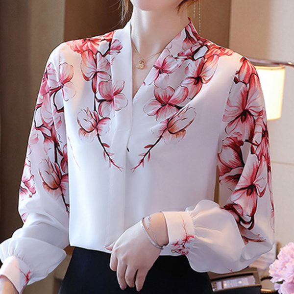 Blouses Femme White Blouse Long Sleeve Blouse Women V-Neck Print Chiffon Shirt Women Tops