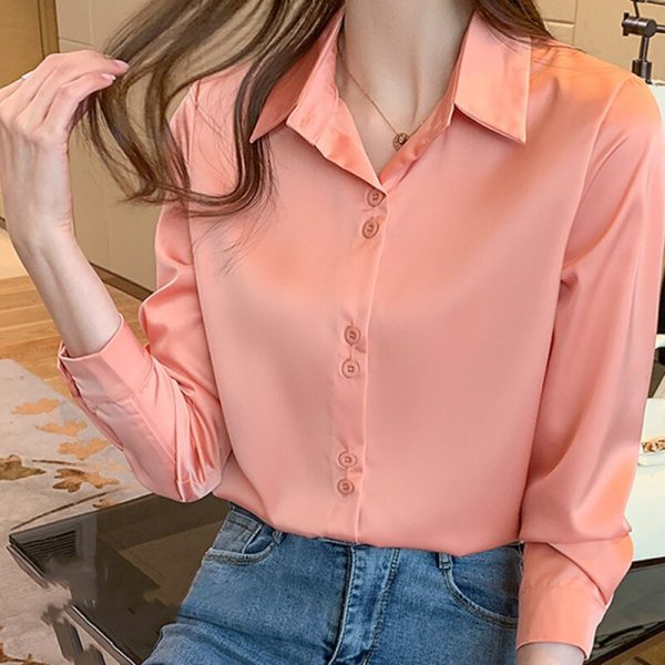 Women's Silk Shirts V-neck Solid Laides Tops Womens Fall Fashion Satin Long Sleeve Blouses Button Up White Vintage Top