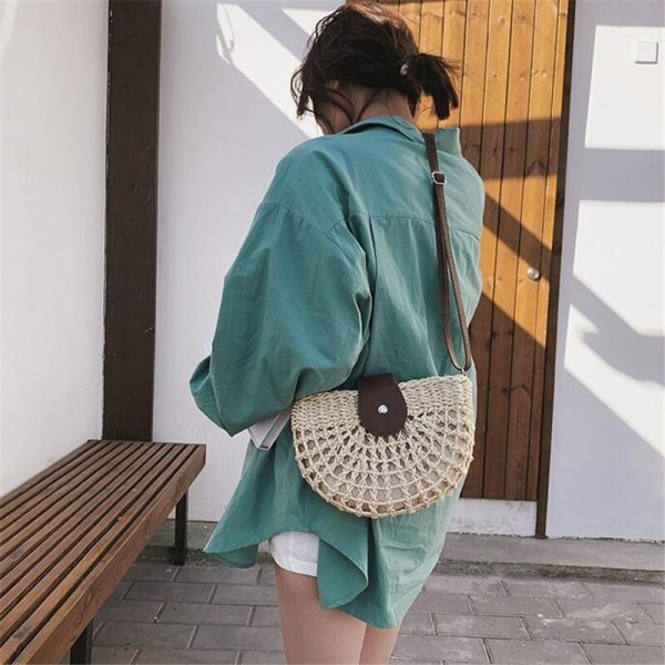 Casual Half Moon Women Straw Rattan Shoulder Bags Wicker Woven Lady Hollow Crossbody Bag Summer Beach Travel Small Handbag Purse - Image 6