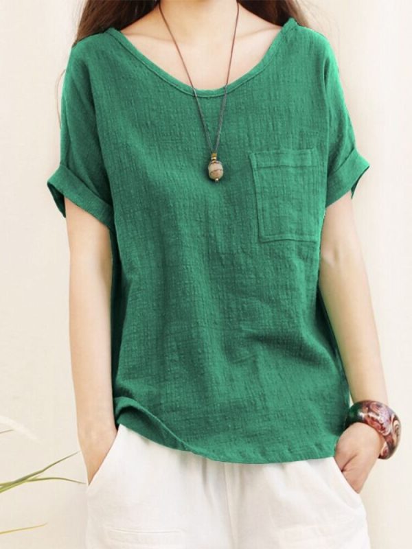 Green Loose Cotton Linen Blouse Oversize 5XL Blouses Women 2023 Summer Shirts Casual Short Sleeve O Neck Solid Shirt Lady Tops - Image 3