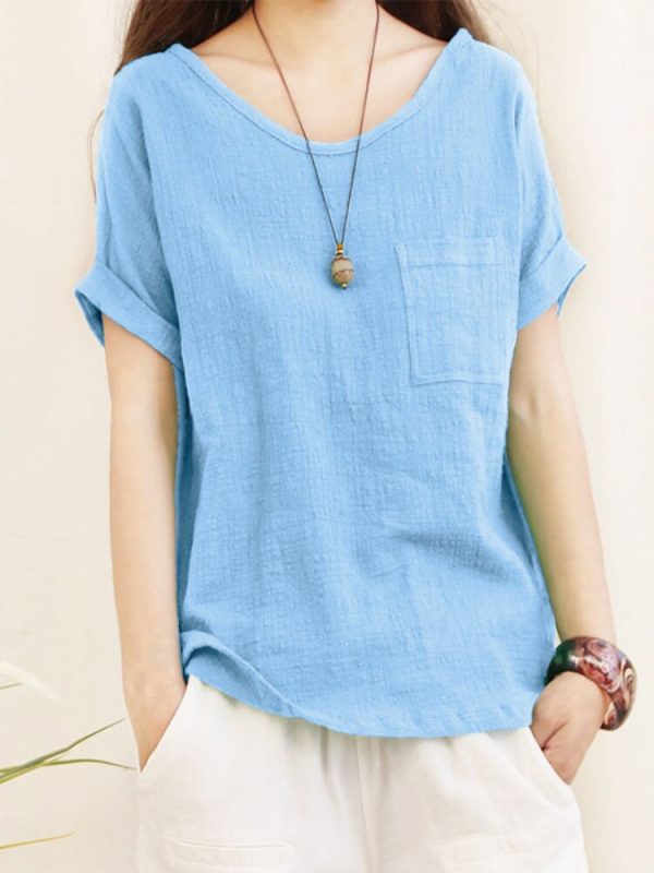 Green Loose Cotton Linen Blouse Oversize 5XL Blouses Women 2023 Summer Shirts Casual Short Sleeve O Neck Solid Shirt Lady Tops - Image 4