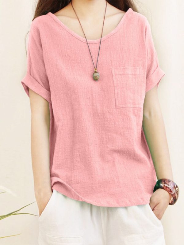 Green Loose Cotton Linen Blouse Oversize 5XL Blouses Women 2023 Summer Shirts Casual Short Sleeve O Neck Solid Shirt Lady Tops - Image 5