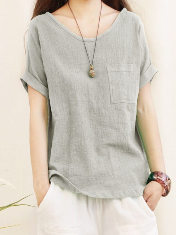 Green Loose Cotton Linen Blouse Oversize 5XL Blouses Women 2023 Summer Shirts Casual Short Sleeve O Neck Solid Shirt Lady Tops