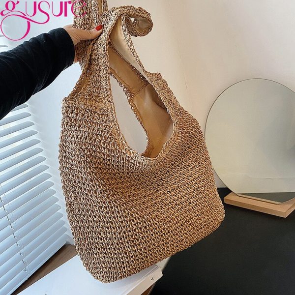 Gusure Stylish Women Straw Retro Summer Handwoven Bow Rattan Handbags Knitted Crossbody Bag Female Tote Boho Travel Purse Bags - Image 2