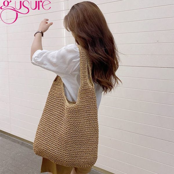 Gusure Stylish Women Straw Retro Summer Handwoven Bow Rattan Handbags Knitted Crossbody Bag Female Tote Boho Travel Purse Bags