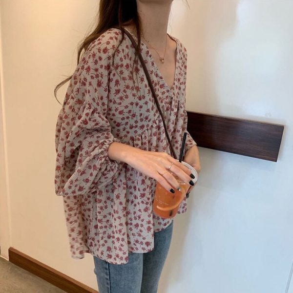 V-neck Chiffon Shirt Women Sweet Tops Blouse 2022 Spring New Korean Floral Print Long Sleeve Casual Loose Slim Lady Clothes 9307 - Image 6