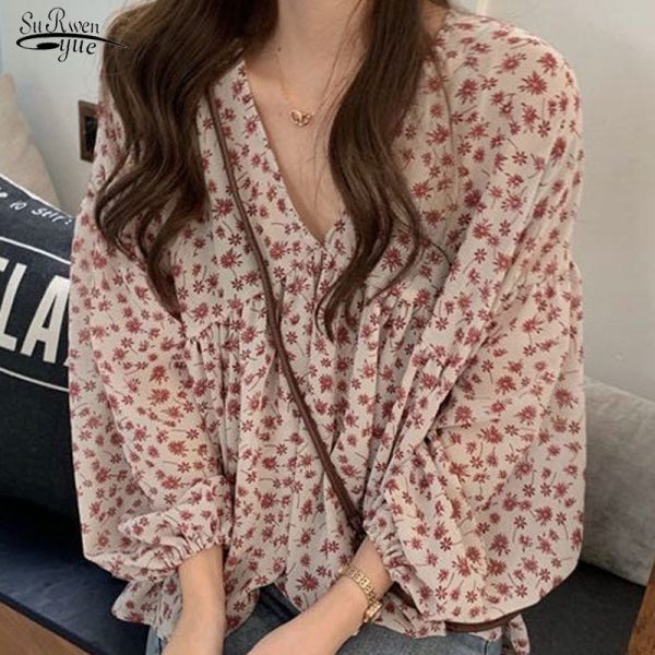 V-neck Chiffon Shirt Women Sweet Tops Blouse 2022 Spring New Korean Floral Print Long Sleeve Casual Loose Slim Lady Clothes 9307