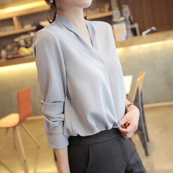 Women Shirts Long Sleeve Solid White Chiffon Office Blouse - Image 2