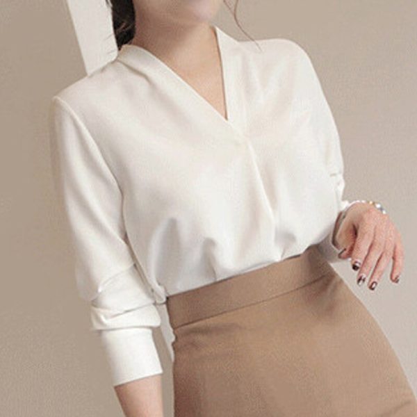 Women Shirts Long Sleeve Solid White Chiffon Office Blouse - Image 3