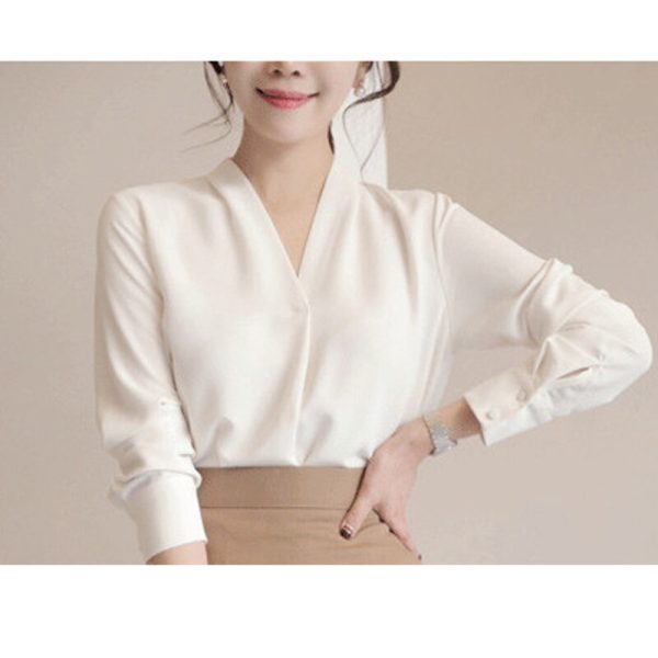 Women Shirts Long Sleeve Solid White Chiffon Office Blouse - Image 4