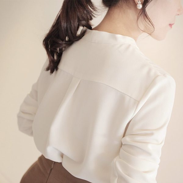 Women Shirts Long Sleeve Solid White Chiffon Office Blouse - Image 5