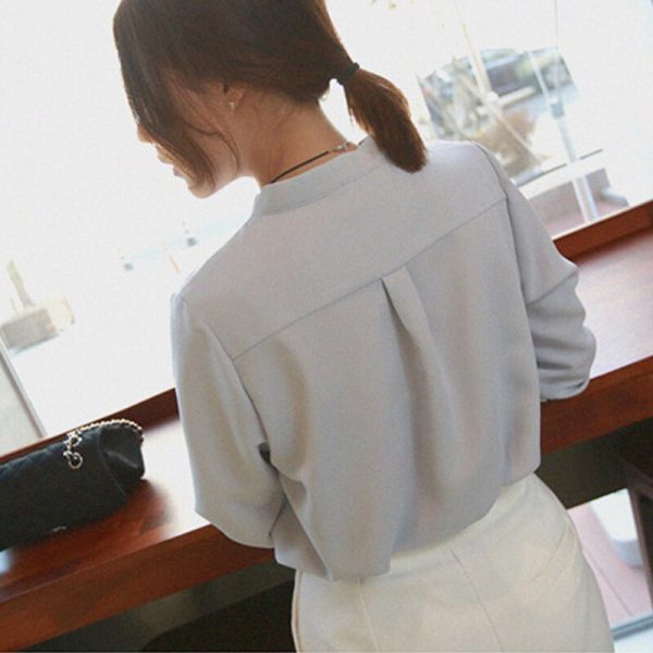 Women Shirts Long Sleeve Solid White Chiffon Office Blouse - Image 6