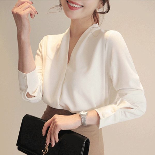 Women Shirts Long Sleeve Solid White Chiffon Office Blouse