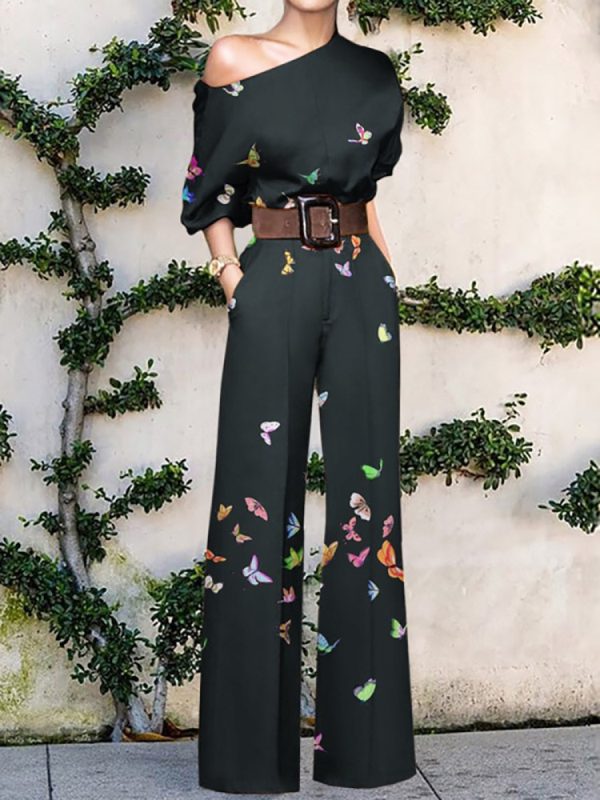 Women Elegant Office Lady Loose Wide Leg Pants Bodysuits Skew Collar Floral Printing Sweet Ladies Jumpsuits Fashion Streetwear - Image 2