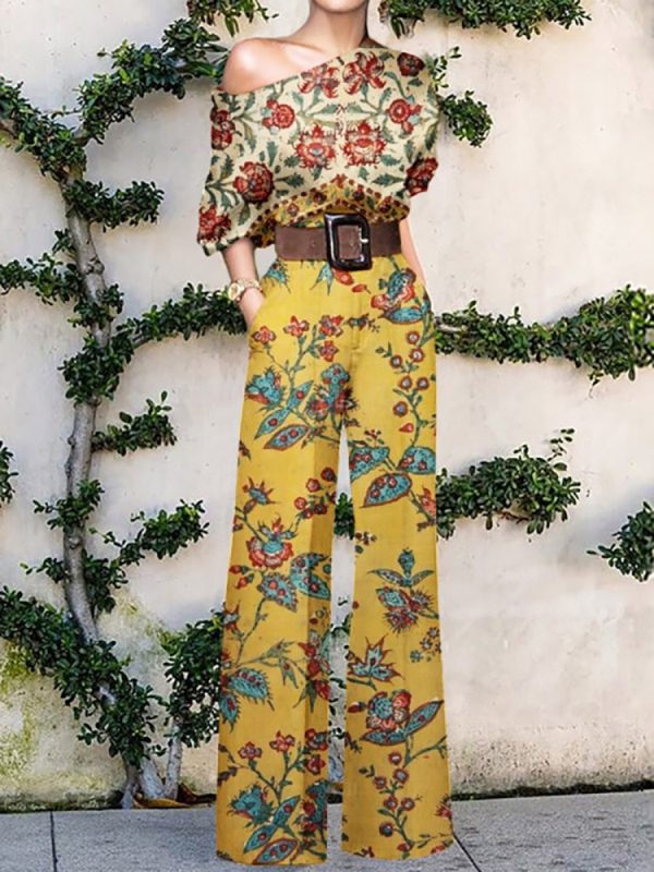 Women Elegant Office Lady Loose Wide Leg Pants Bodysuits Skew Collar Floral Printing Sweet Ladies Jumpsuits Fashion Streetwear - Image 5