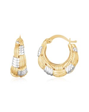 14K Two Tone Gold Graduated Woven Ribbed Hoop Earrings