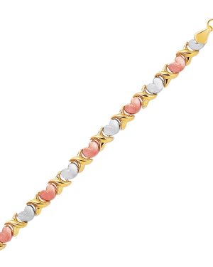 14k Tri-Color Gold Fancy Satin Heart Line Bracelet