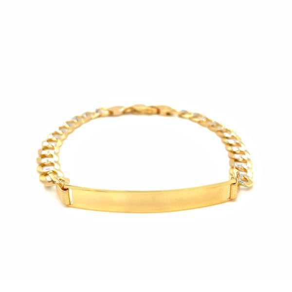 14k Two Tone Gold 8 1/2 inch Mens Narrow Curb Chain ID Bracelet with White Pave - Image 2