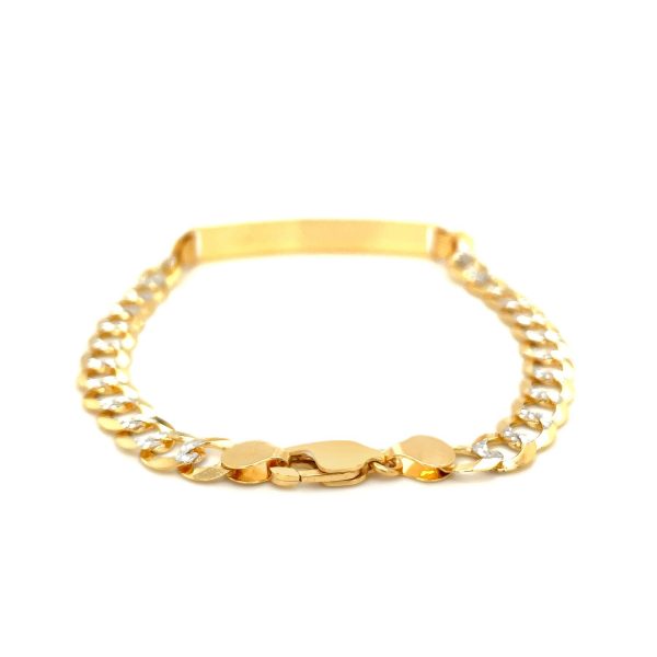 14k Two Tone Gold 8 1/2 inch Mens Narrow Curb Chain ID Bracelet with White Pave - Image 3