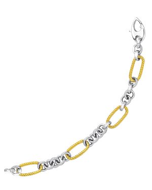 14k Two-Tone Gold Bracelet with Cable Textured Oval and Round Links