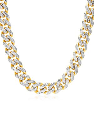 14k Two Tone Gold Miami Cuban Chain Necklace with White Pave