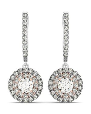 14k White And Rose Gold Drop Diamond Earrings with a Halo Design (3/4 cttw)