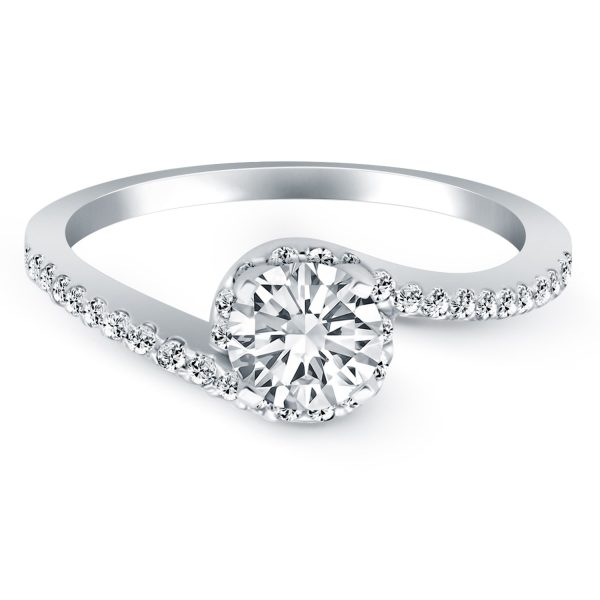 14k White Gold Bypass Swirl Diamond Halo Engagement Ring - Image 2