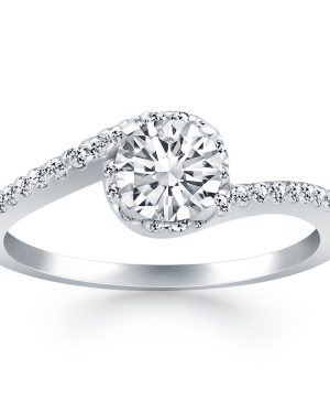 14k White Gold Bypass Swirl Diamond Halo Engagement Ring