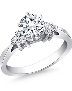 14k White Gold Cathedral Engagement Ring with Side Diamond Clusters