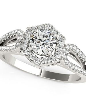 14k White Gold Diamond Engagement Ring with Hexagon Halo Border (7/8 cttw)