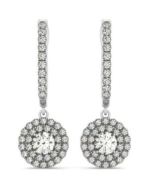 14k White Gold Double Halo Round Diamond Drop Earrings (1 cttw)