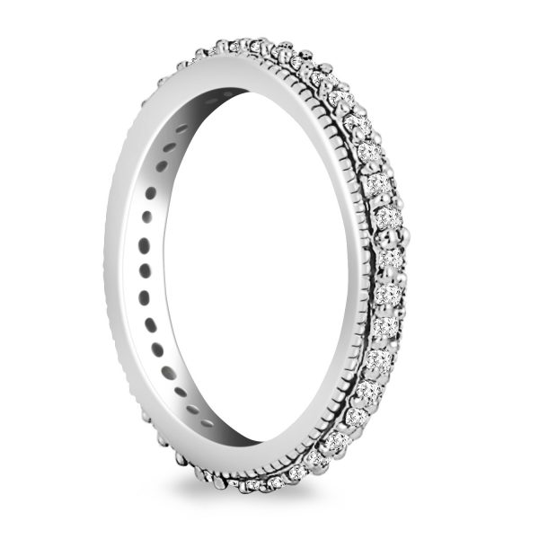 14k White Gold Pave Set Round Cut Diamond Eternity Ring with Milgrained Edging - Image 2