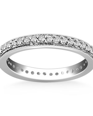 14k White Gold Pave Set Round Cut Diamond Eternity Ring with Milgrained Edging