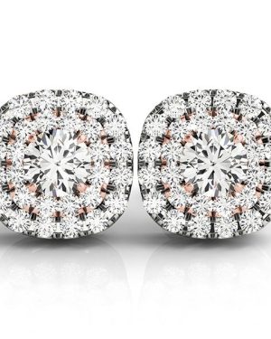 14k White and Rose Gold Cushion Shape Halo Diamond Earrings (3/4 cttw)