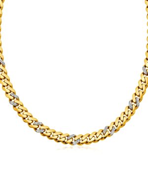 14k Yellow Gold 18 inch Polished Curb Chain Necklace with Diamonds