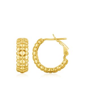 14k Yellow Gold Beaded Puffed Textured Hoop Earrings