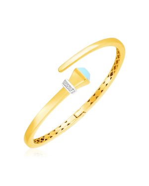 14k Yellow Gold Crossover Style Hinged Bangle Bracelet with Turquoise and Diamonds