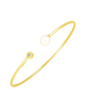 14k Yellow Gold Cuff Bangle with Pearl and Diamond