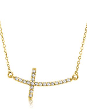 14k Yellow Gold Curved Crucifix Diamond Accented Necklace (.21cttw)