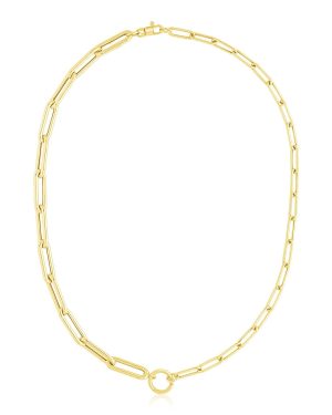 14k Yellow Gold High Polish Elongated Paperclip Chain Circle Necklace