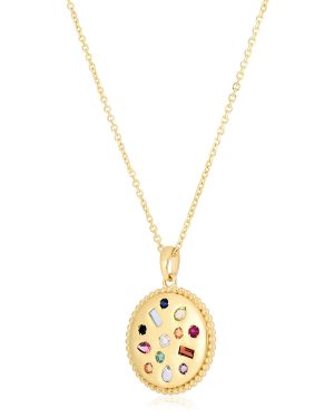 14k Yellow Gold High Polish Gemstones Disc Necklace