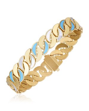 14k Yellow Gold High Polish Turquoise & Mother of Pearl Cuban Link Bracelet