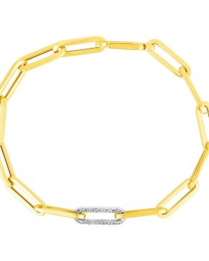 14k Yellow Gold Paperclip Chain Bracelet with Diamond Link