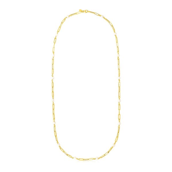 14k Yellow Gold Paperclip Chain and Pearl Necklace