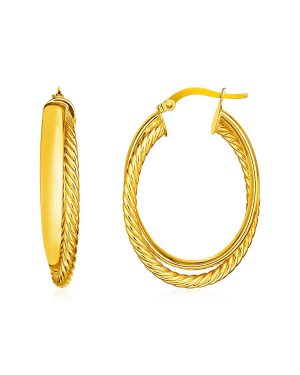 14k Yellow Gold Two Part Textured Twisted Oval Hoop Earrings