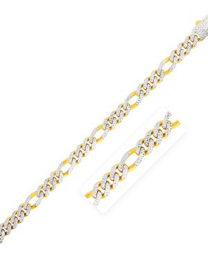 14k Yellow Gold White Pave High Polish Modern Lite Figaro Bracelet (9.5mm)