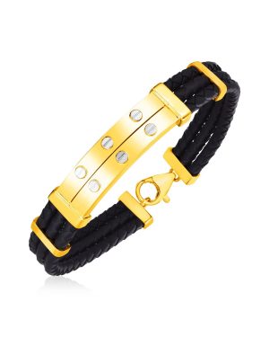 14k Yellow Gold and Rubber Mens Bracelet with Two Riveted Bars